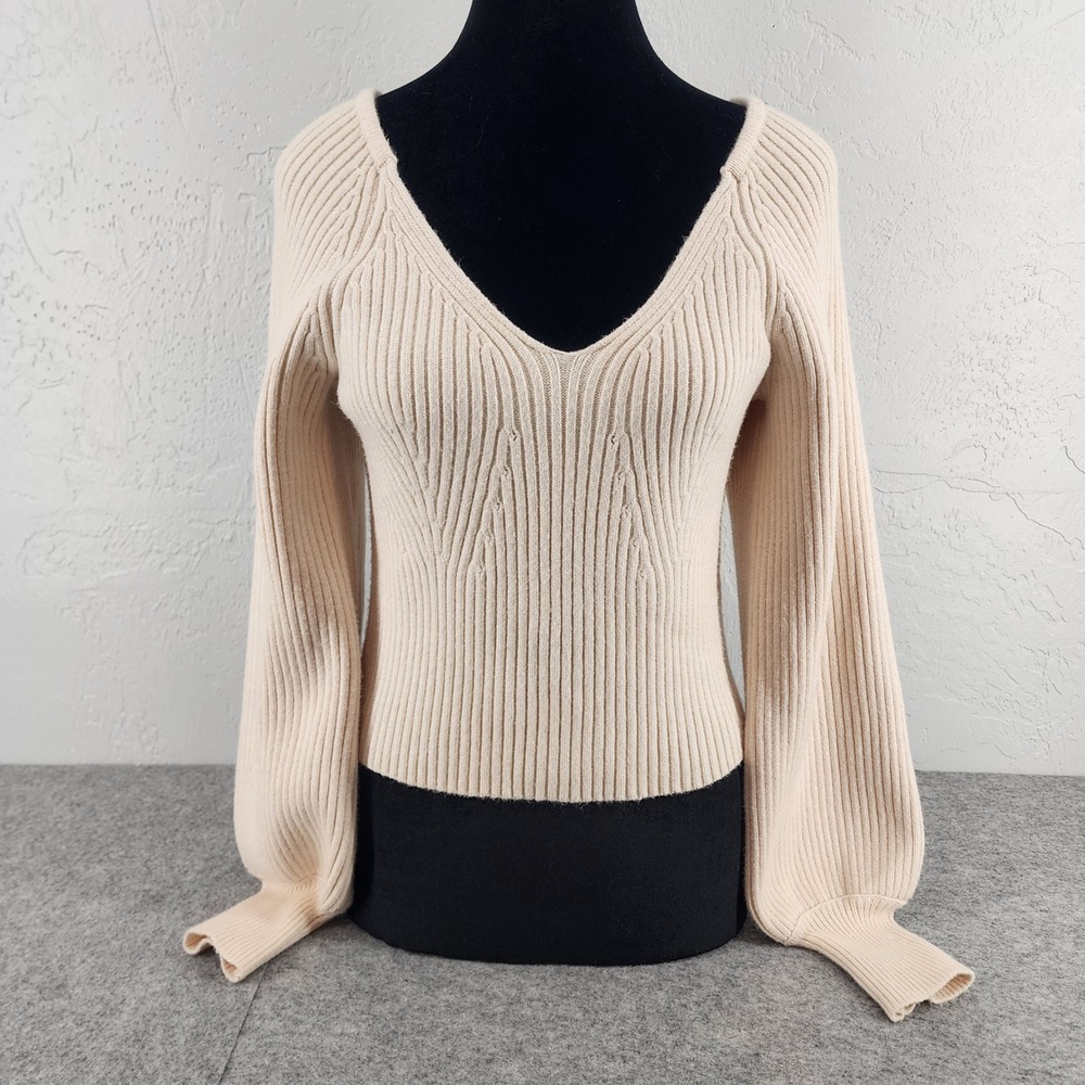 Sam Edelman Cream Ribbed Knit V-Neck Balloon Sleeve Sweater Womens Medium